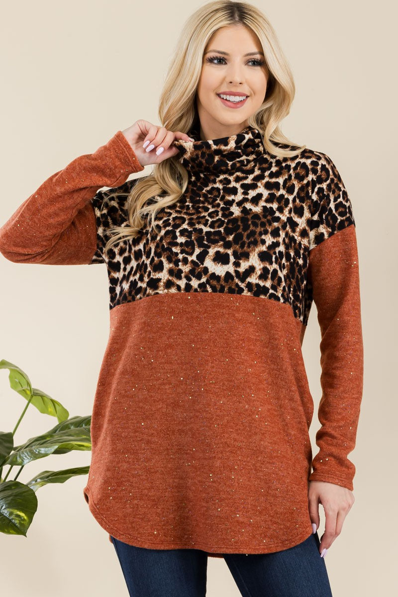 Blue Zone Planet | Celeste Full Size Curved Hem Leopard Turtleneck Long Sleeve Blouse-TOPS / DRESSES-[Adult]-[Female]-Rust/Leopard-S-2022 Online Blue Zone Planet