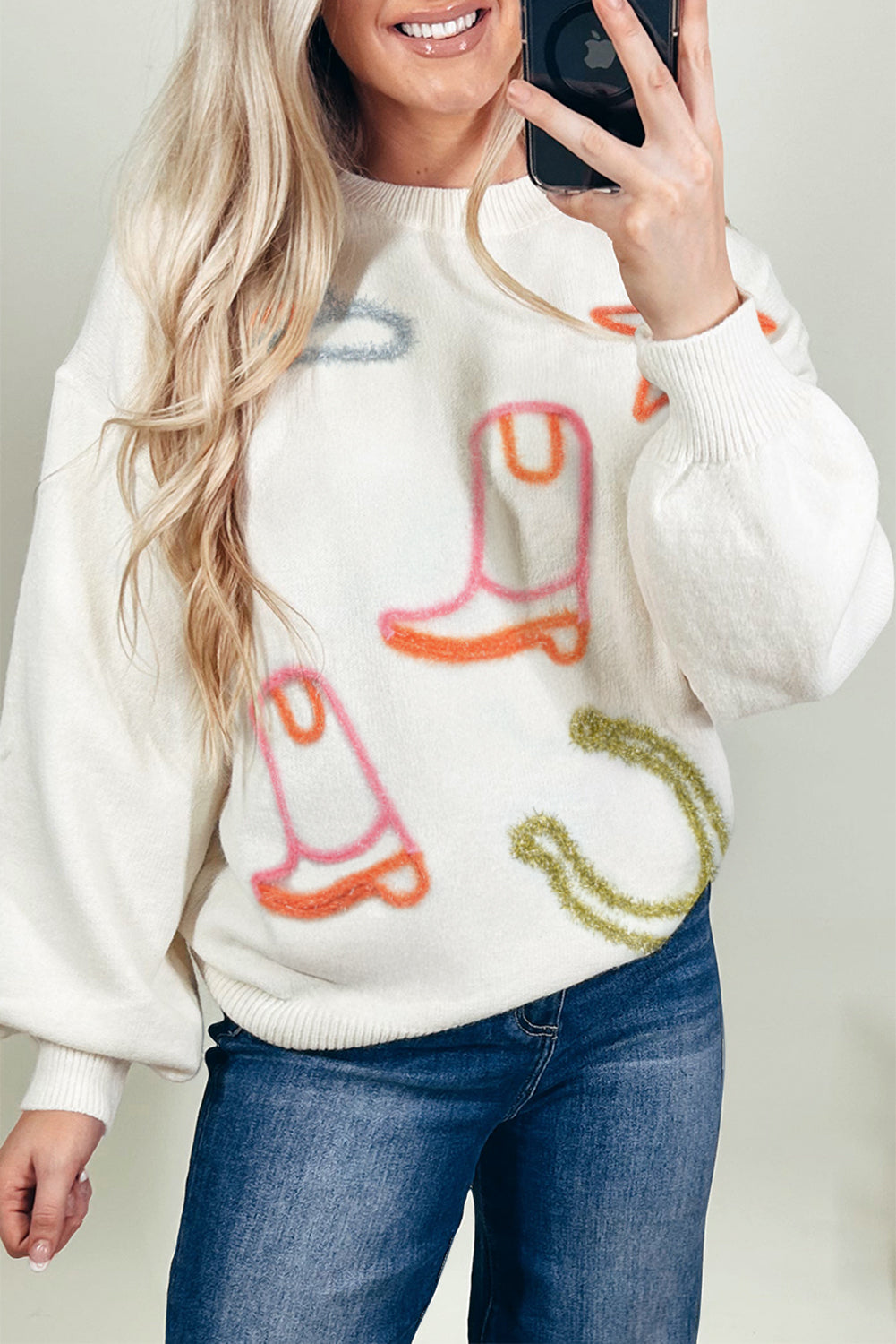 White Tinsel Western Boots Horseshoe Star Knit Crew Neck Sweater-TOPS / DRESSES-[Adult]-[Female]-White-S-2022 Online Blue Zone Planet