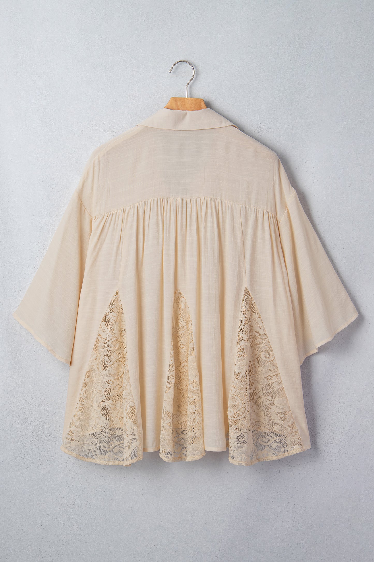Oatmeal Sheer Lace Splicing Detail Bracelet Sleeve Loose Flowy Shirt-Bracelet-[Adult]-[Female]-2022 Online Blue Zone Planet