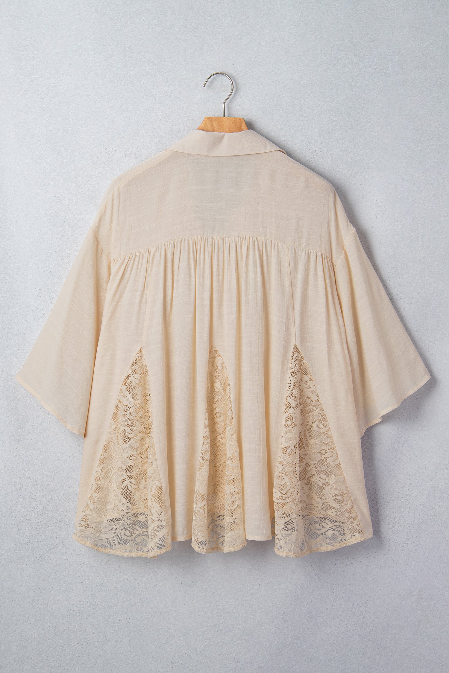 Oatmeal Sheer Lace Splicing Detail Bracelet Sleeve Loose Flowy Shirt-Bracelet-[Adult]-[Female]-2022 Online Blue Zone Planet