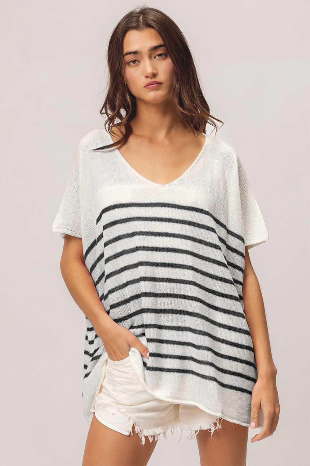 BiBi V Neck Striped Short Sleeve Top-TOPS / DRESSES-[Adult]-[Female]-2022 Online Blue Zone Planet