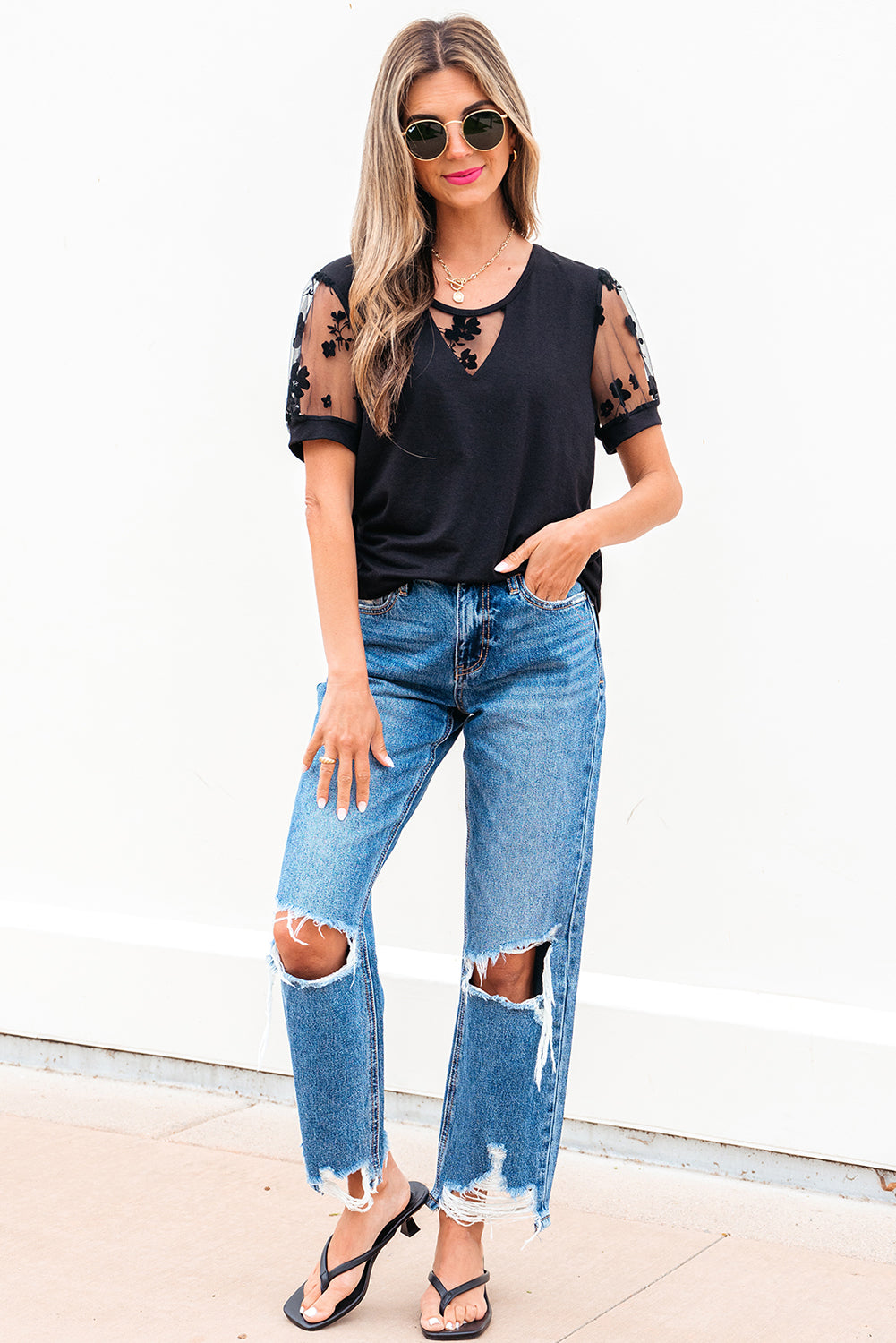 Black Flora Lace Patchwork Crew Neck T Shirt-Tops/Tops & Tees-[Adult]-[Female]-2022 Online Blue Zone Planet