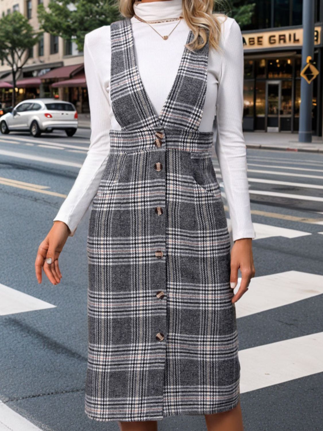 Perfee Pocketed Plaid Overall Dress-TOPS / DRESSES-[Adult]-[Female]-2022 Online Blue Zone Planet