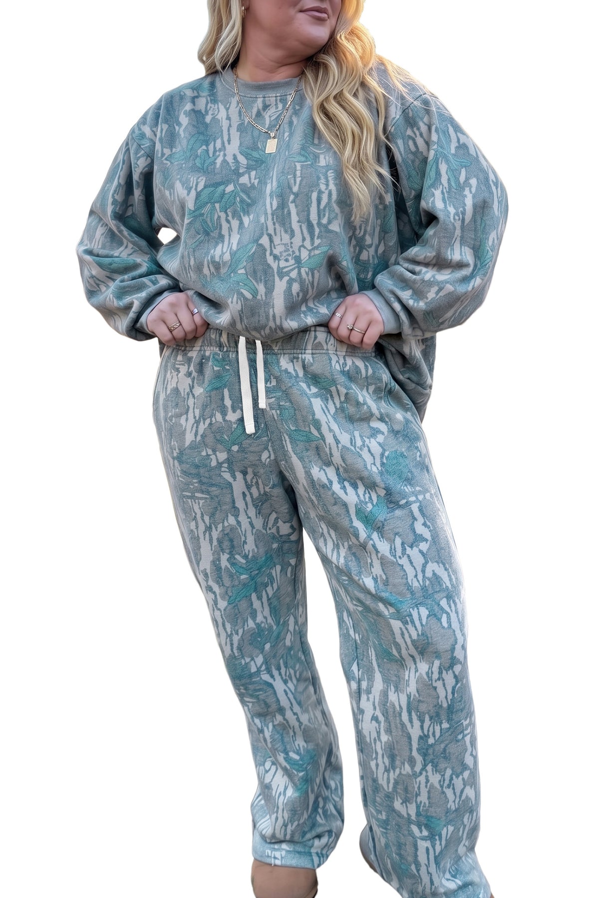 Multicolour Abstract Botanical Print Plus Size Pullover Drawstring Pants Set-Plus Size/Plus Size Loungewear-[Adult]-[Female]-2022 Online Blue Zone Planet