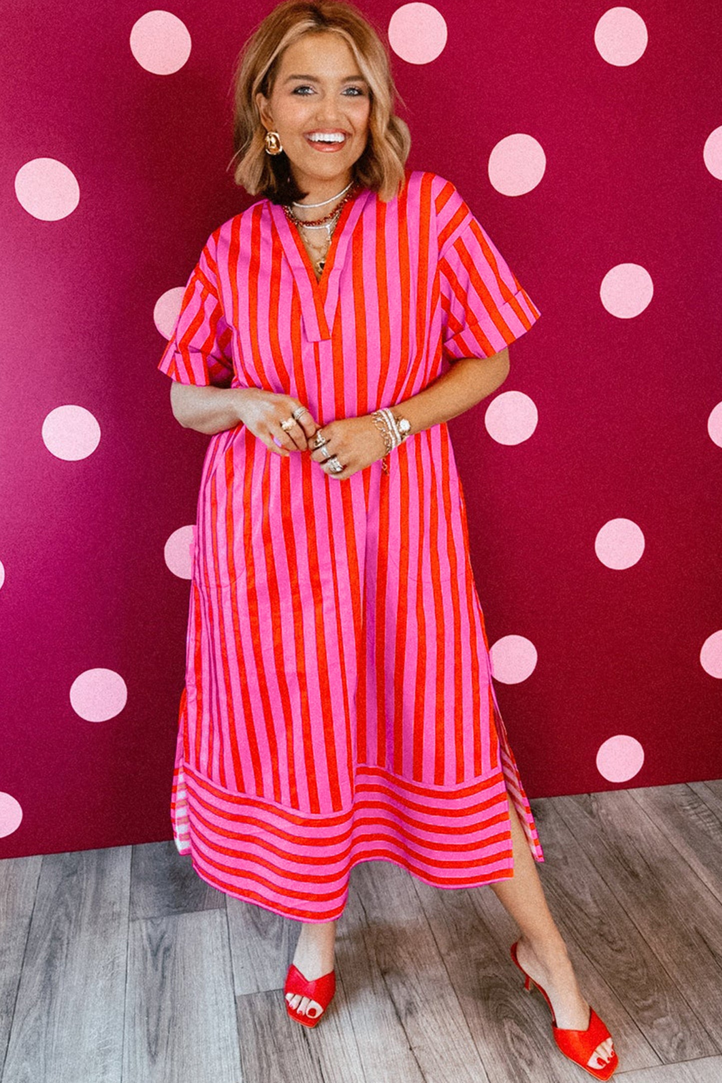 Red Stripe V Neck Cuffed Sleeve Relaxed Split Midi Dress-Dresses/Midi Dresses-[Adult]-[Female]-2022 Online Blue Zone Planet