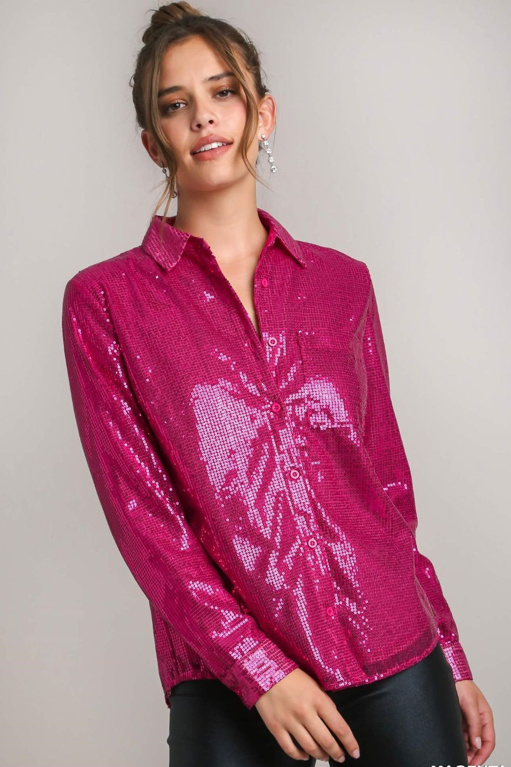 Umgee Sequin Long Sleeve Shirt with Side Chest Pocket-TOPS / DRESSES-[Adult]-[Female]-Cerise-S-2022 Online Blue Zone Planet