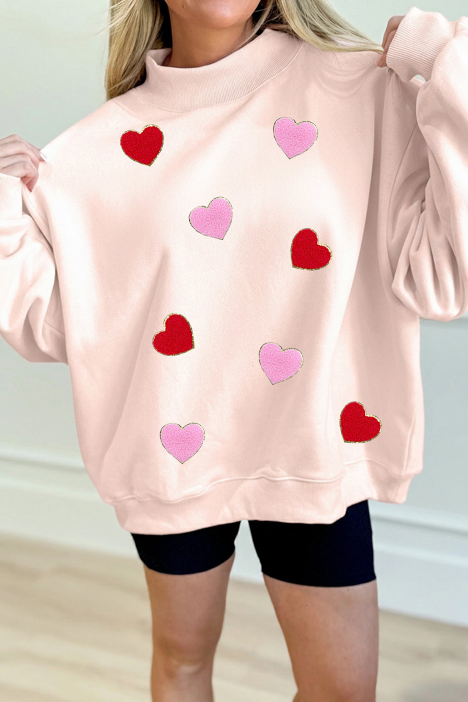 Apricot Pink Glitter Trim Chenille Heart Patched Mock Neck Sweatshirt-Graphic Sweatshirts-[Adult]-[Female]-Apricot Pink-L-2022 Online Blue Zone Planet