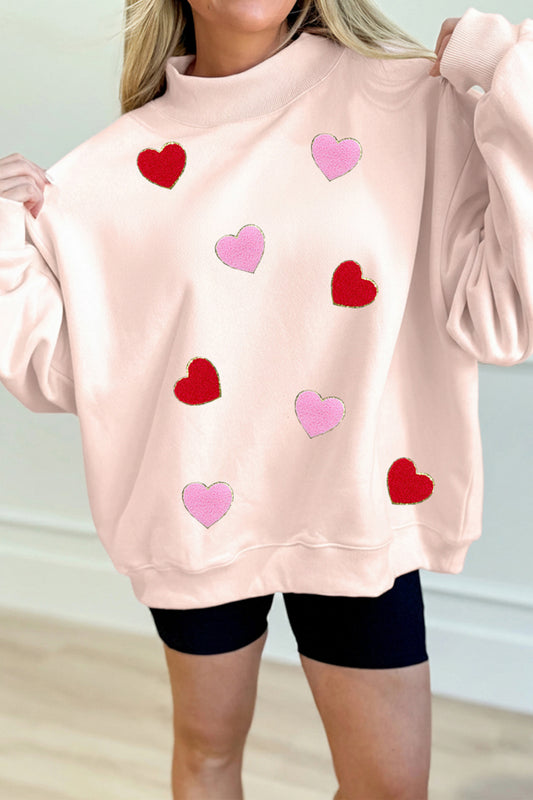 Apricot Pink Glitter Trim Chenille Heart Patched Mock Neck Sweatshirt-Graphic Sweatshirts-[Adult]-[Female]-Apricot Pink-L-2022 Online Blue Zone Planet