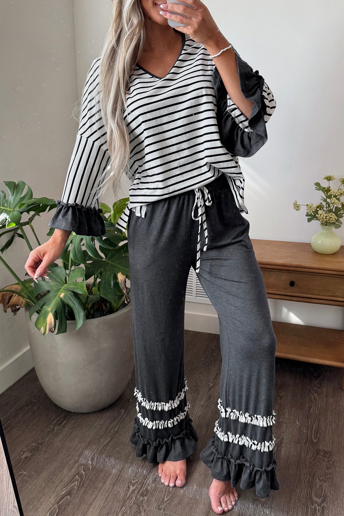 Gray Stripe V Neck Ruffle Contrast Sleeve Top Drawstring Pants 2pcs Set-Two Piece Sets/Pant Sets-[Adult]-[Female]-2022 Online Blue Zone Planet