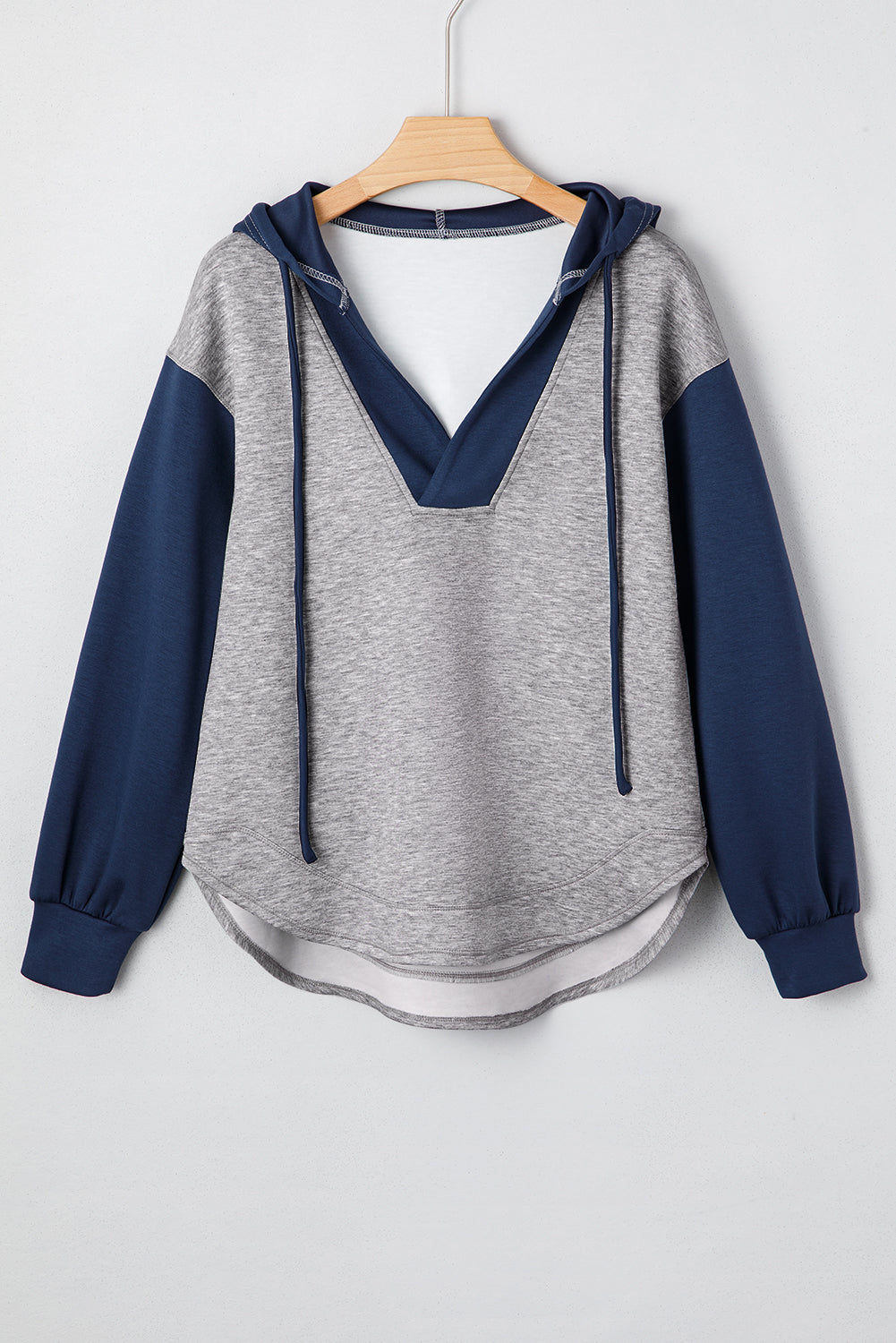 Light Grey Color Block Patchwork V Neck Drawstring Hoodie-Tops / Dresses-[Adult]-[Female]-2022 Online Blue Zone Planet