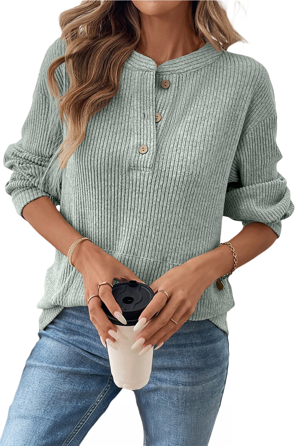 Clearly Aqua Ribbed Texture Drop Shoulder Henley Knit Top-Tops/Long Sleeve Tops-[Adult]-[Female]-2022 Online Blue Zone Planet