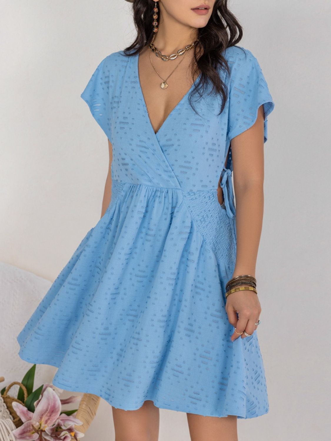 Cutout Surplice Short Sleeve Dress-TOPS / DRESSES-[Adult]-[Female]-2022 Online Blue Zone Planet