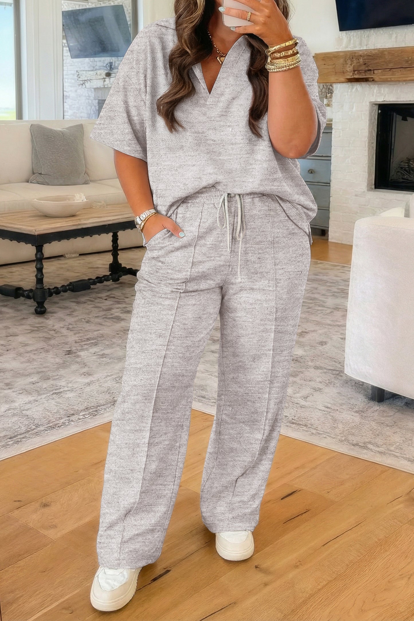 Light Grey Plus Size V Neck Polo Tee Drawstring Loose Pants 2pcs Set-Plus Size/Plus Size Loungewear-[Adult]-[Female]-Light Grey-1X-2022 Online Blue Zone Planet