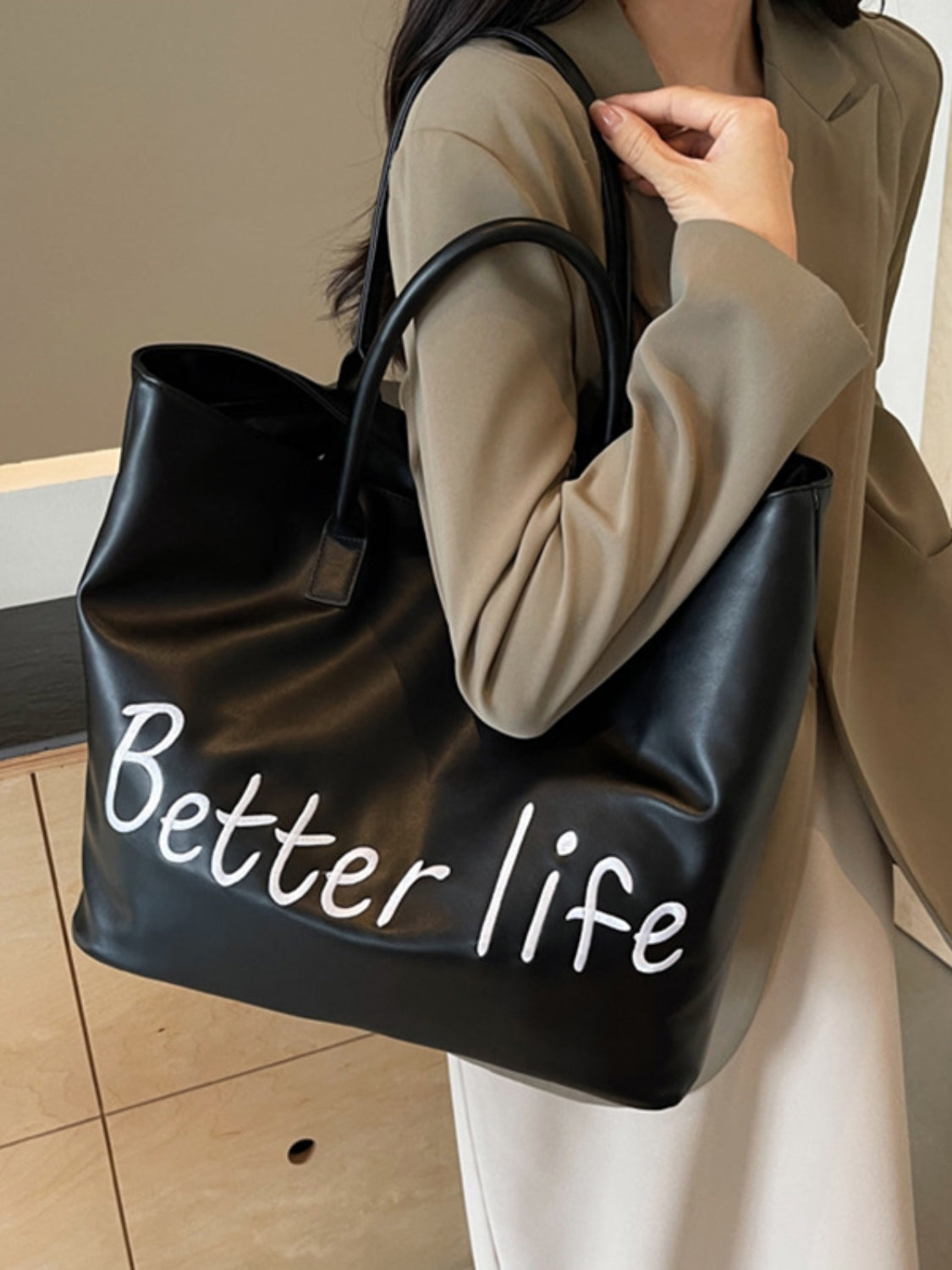 BETTER LIFE PU Leather Tote Bag-HANDBAGS-[Adult]-[Female]-2022 Online Blue Zone Planet