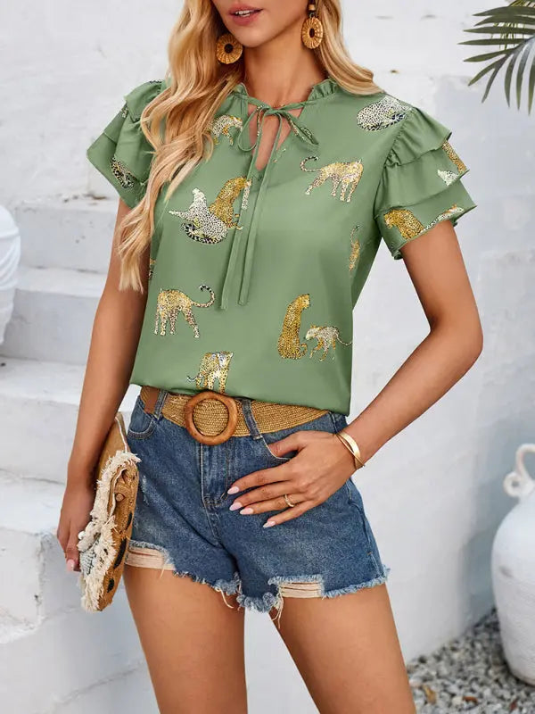 casual summer V-neck printed ruffle sleeve top kakaclo