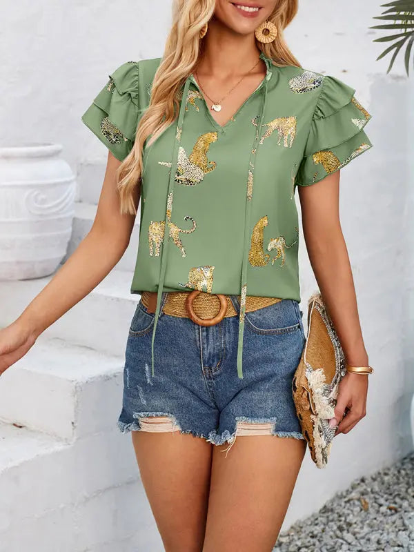 casual summer V-neck printed ruffle sleeve top kakaclo