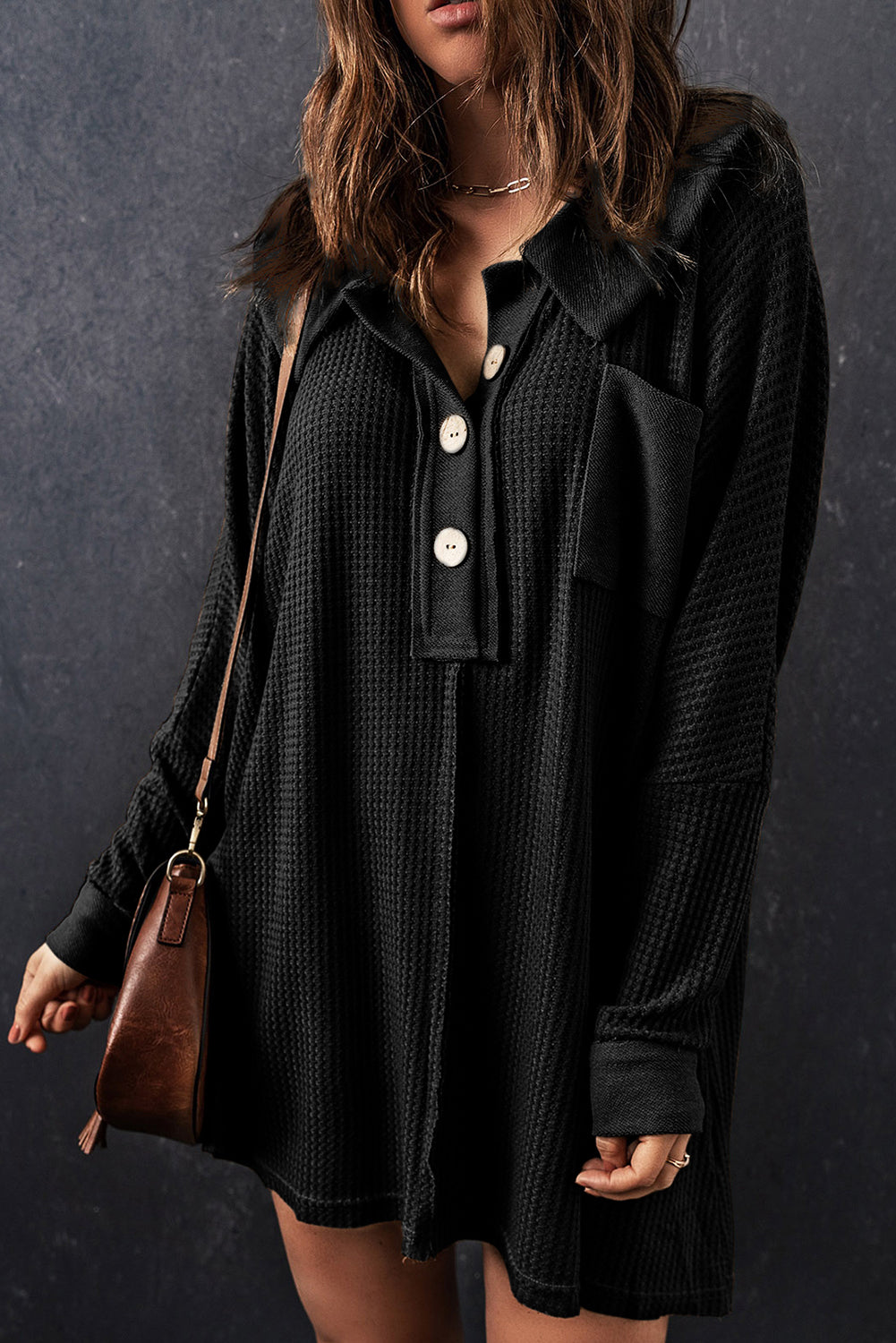 Black Waffle Knit Buttoned Long Sleeve Top-Tops/Long Sleeve Tops-[Adult]-[Female]-2022 Online Blue Zone Planet