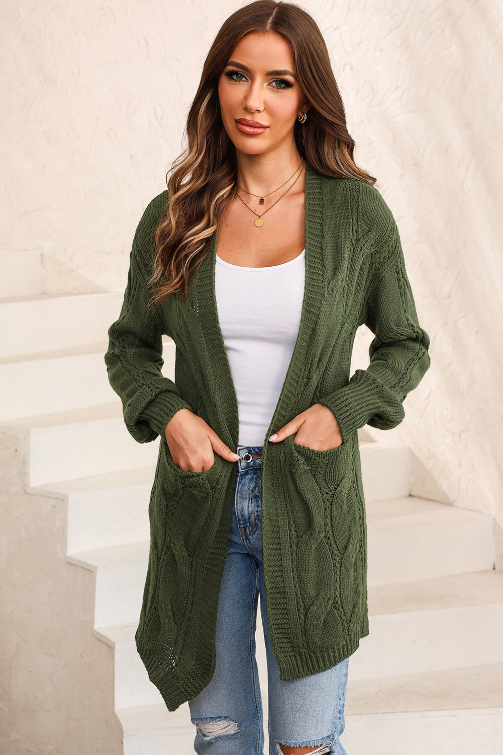 Cable-Knit Dropped Shoulder Cardigan BLUE ZONE PLANET