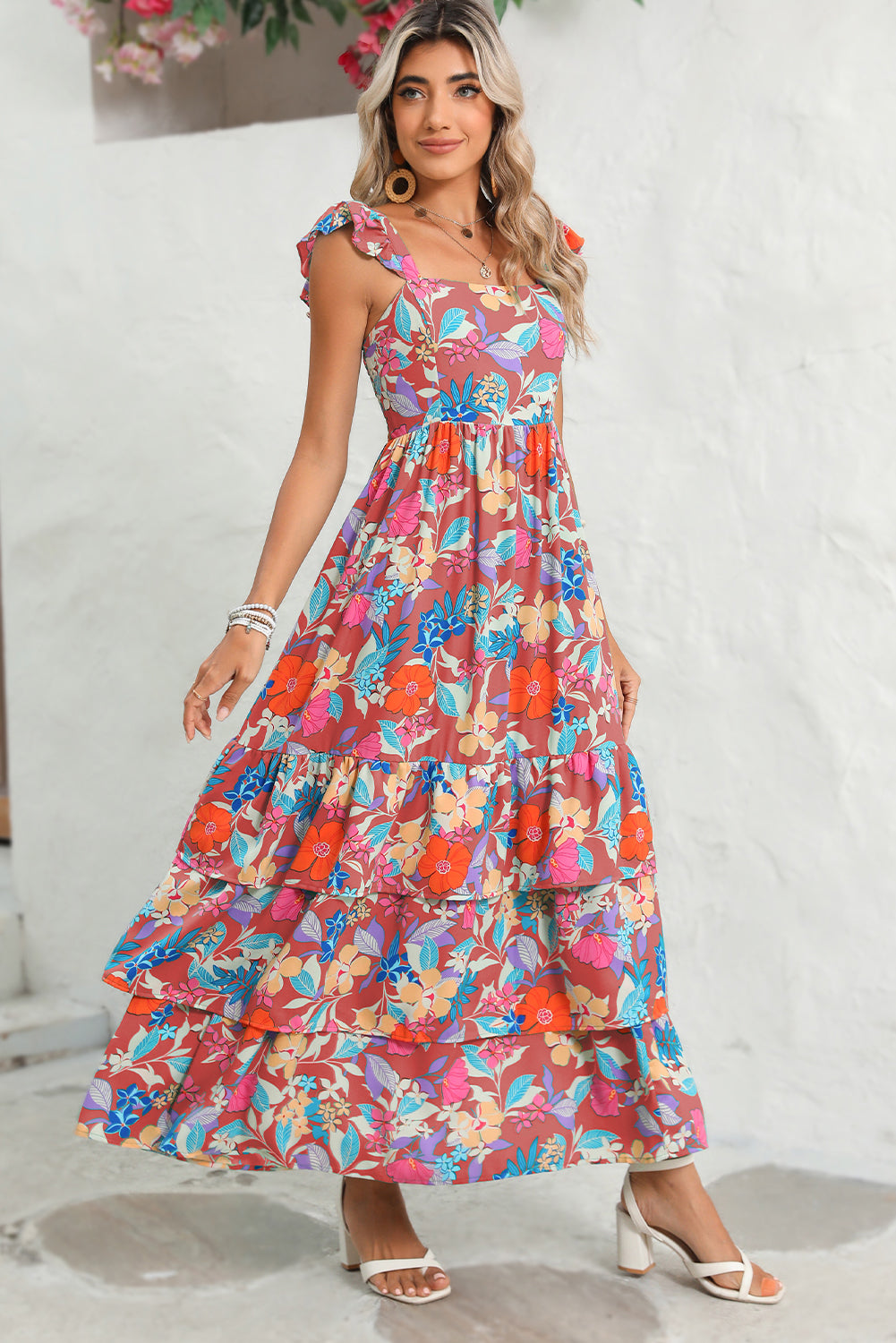 Pink Floral Print Sleeveless Ruffle Tiered Maxi Dress-Maxi Dresses-[Adult]-[Female]-2022 Online Blue Zone Planet