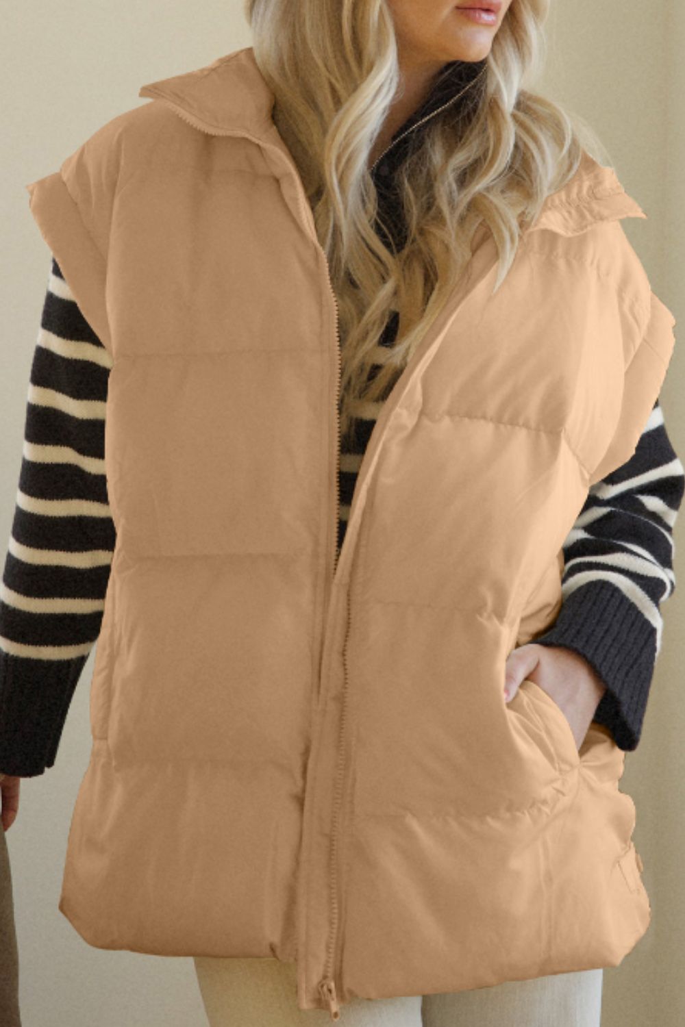 Zip Up Vest Coat with Pockets-TOPS / DRESSES-[Adult]-[Female]-Tan-S-2022 Online Blue Zone Planet