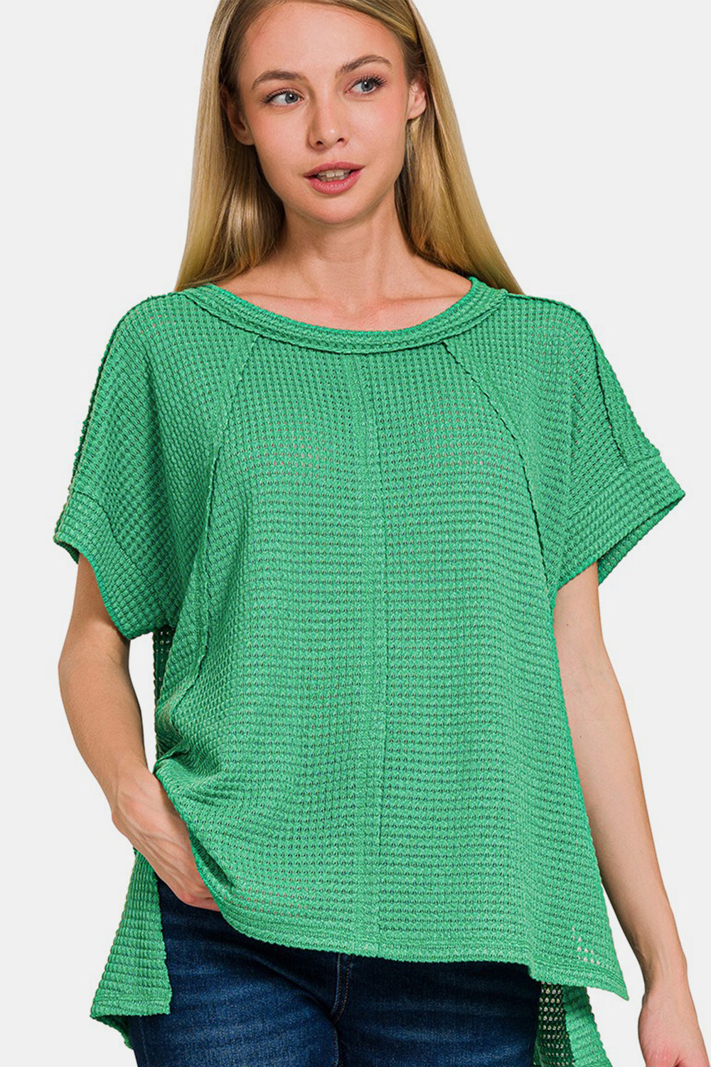 Blue Zone Planet | Zenana Waffle Exposed-Seam Short Sleeve T-Shirt-TOPS / DRESSES-[Adult]-[Female]-K Green-S/M-2022 Online Blue Zone Planet