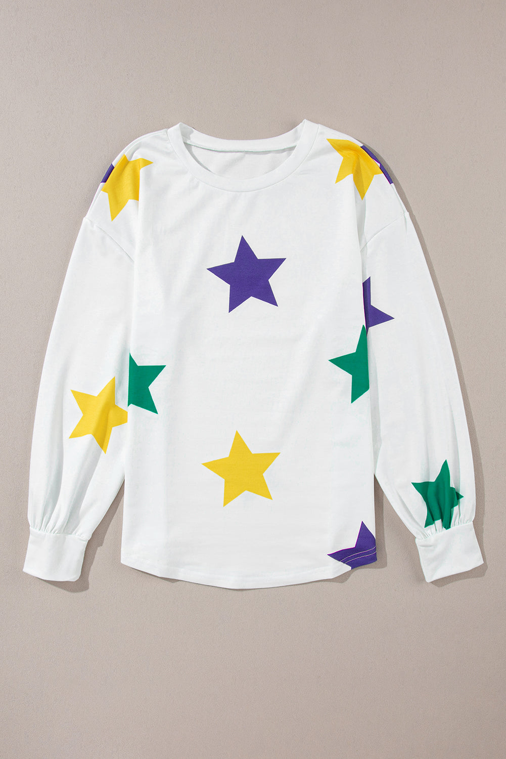White Mardi Gras Star Printed Long Sleeve Top-Tops/Long Sleeve Tops-[Adult]-[Female]-2022 Online Blue Zone Planet