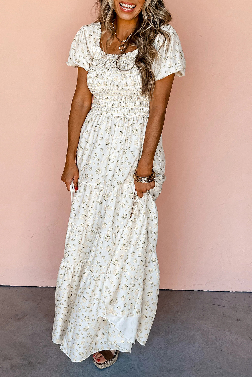 Blue Zone Planet |  White Frilly Shirred Bodice Tiered Floral Maxi Dress Blue Zone Planet