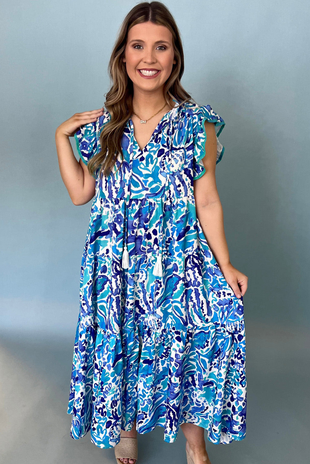 Blue Zone Planet | Sky Blue Plus Abstract Print Split Neck Ruffled Sleeve Tiered Long Dress-TOPS / DRESSES-[Adult]-[Female]-2022 Online Blue Zone Planet