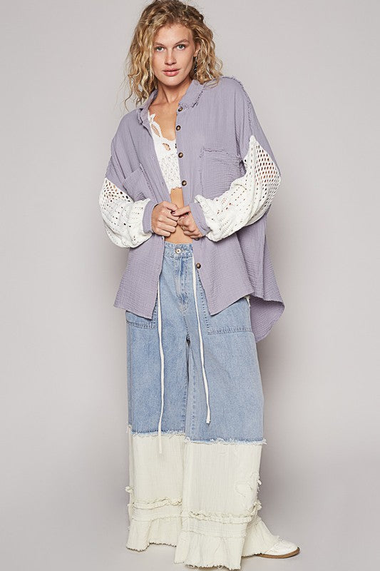 Blue Zone Planet | POL Openwork Lantern Sleeve Button Down Gauze Shirt-TOPS / DRESSES-[Adult]-[Female]-2022 Online Blue Zone Planet