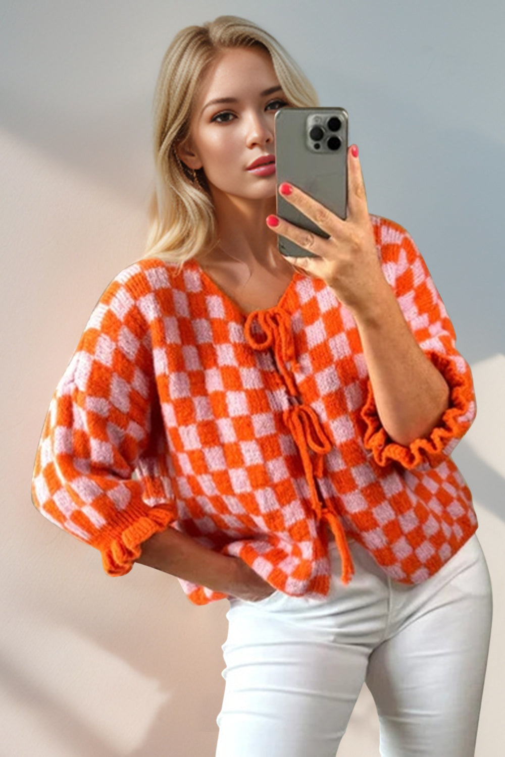 Double Take Tied Checkered Dropped Shoulder Flounce Sleeve Cardigan-TOPS / DRESSES-[Adult]-[Female]-Orange-S-2022 Online Blue Zone Planet