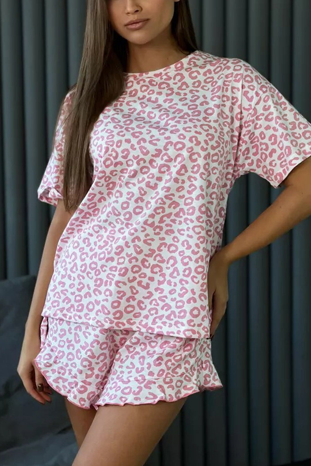 Pink Leopard Print Crew Neck Tee and Ruffled Shorts 2 Lounge Set-Loungewear & Sleepwear/Loungewear-[Adult]-[Female]-2022 Online Blue Zone Planet