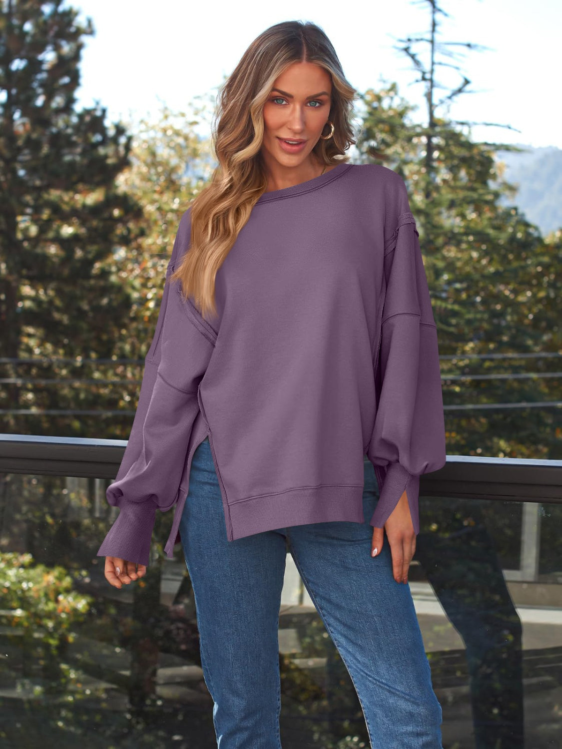 Blue Zone Planet | Slit Round Neck Long Sleeve Sweatshirt-TOPS / DRESSES-[Adult]-[Female]-Mauve-S-2022 Online Blue Zone Planet