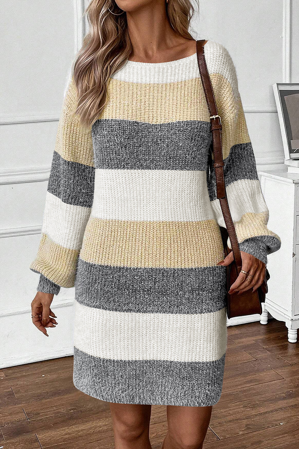 Gray Stripe Color Block Bubble Sleeve Drop Shoulder Midi Sweater Dress-TOPS / DRESSES-[Adult]-[Female]-2022 Online Blue Zone Planet