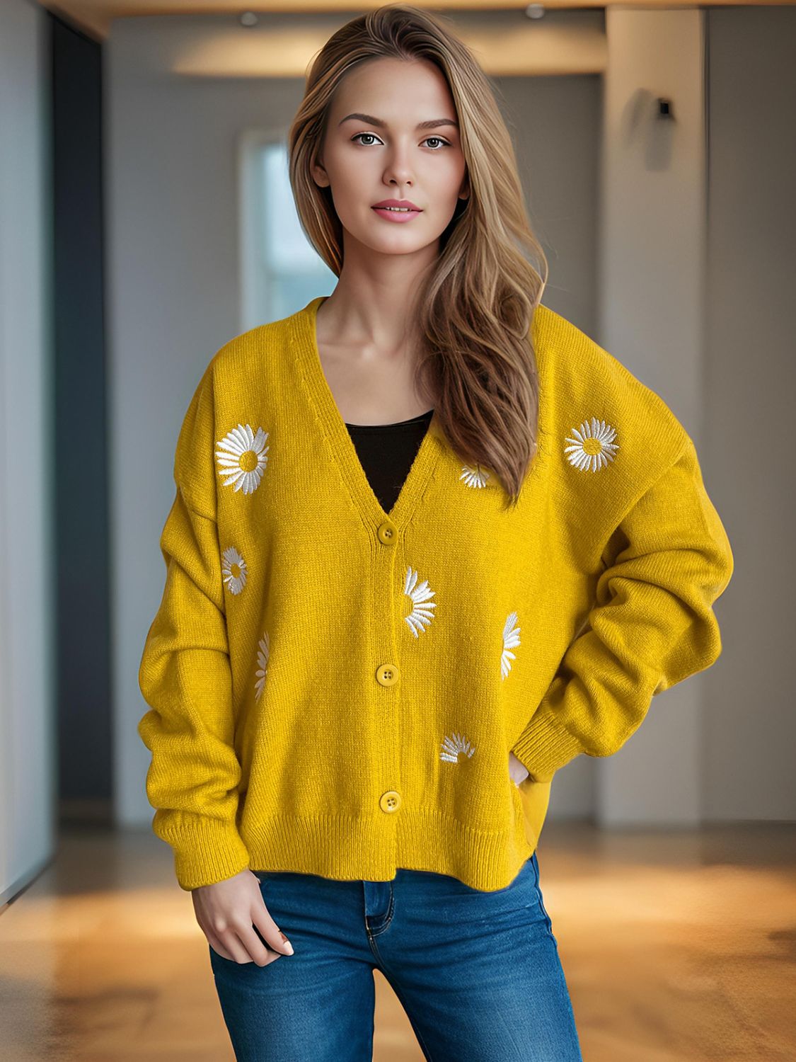 Daisy Button Up V-Neck Cardigan-TOPS / DRESSES-[Adult]-[Female]-Mustard-One Size-2022 Online Blue Zone Planet