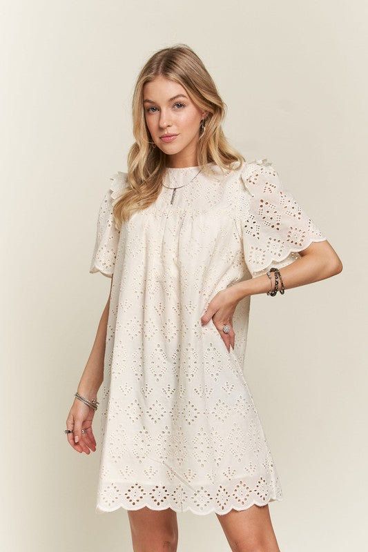 ADORA Ruffled Eyelet Round Neck Dress-TOPS / DRESSES-[Adult]-[Female]-2022 Online Blue Zone Planet