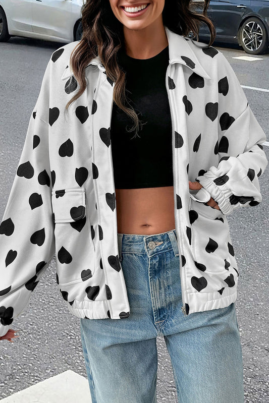 White Double Flap Pocket Heart Print Collar Zip Jacket-Outerwear/Jackets-[Adult]-[Female]-2022 Online Blue Zone Planet