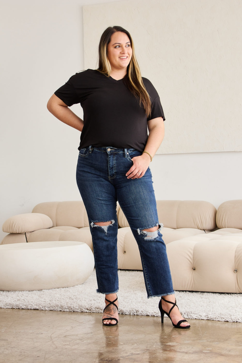 RFM Crop Dylan Full Size Tummy Control Distressed High Waist Raw Hem Jeans-BOTTOM SIZES SMALL MEDIUM LARGE-[Adult]-[Female]-2022 Online Blue Zone Planet