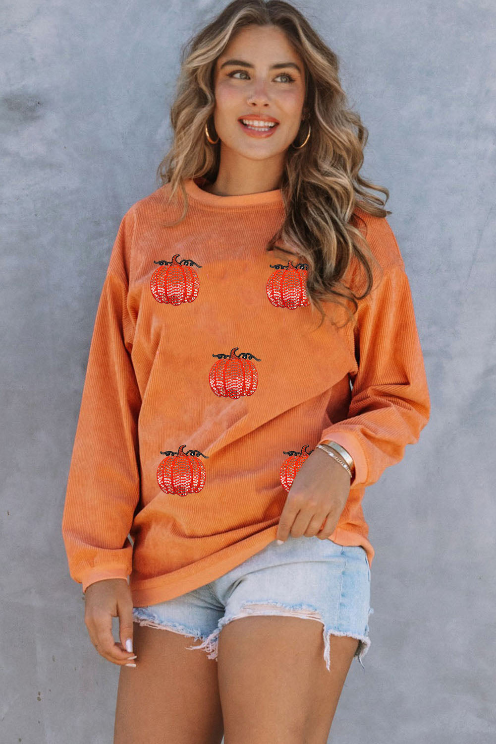 Orange Sequin Pumpkin Patched Twisted Rib Baggy Sweatshirt-Graphic/Graphic Sweatshirts-[Adult]-[Female]-2022 Online Blue Zone Planet