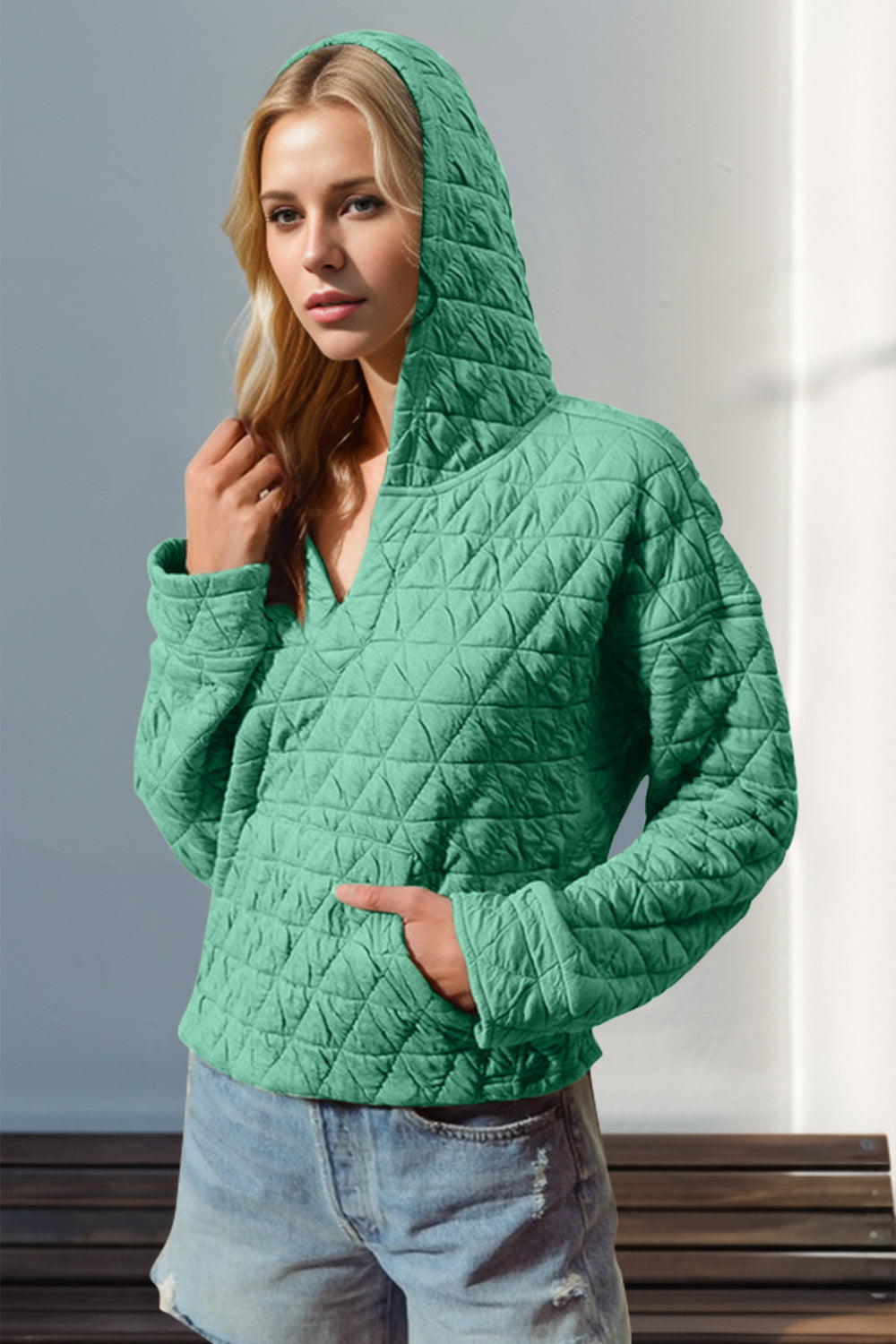 Double Take Quilted Long Sleeve Hoodie with Pocket-TOPS / DRESSES-[Adult]-[Female]-Neon Green-S-2022 Online Blue Zone Planet