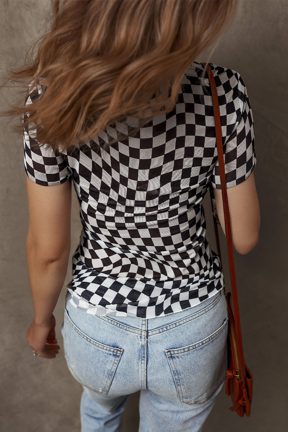 Black Checker Mesh Crew Neck T Shirt-Tops/Tops & Tees-[Adult]-[Female]-2022 Online Blue Zone Planet