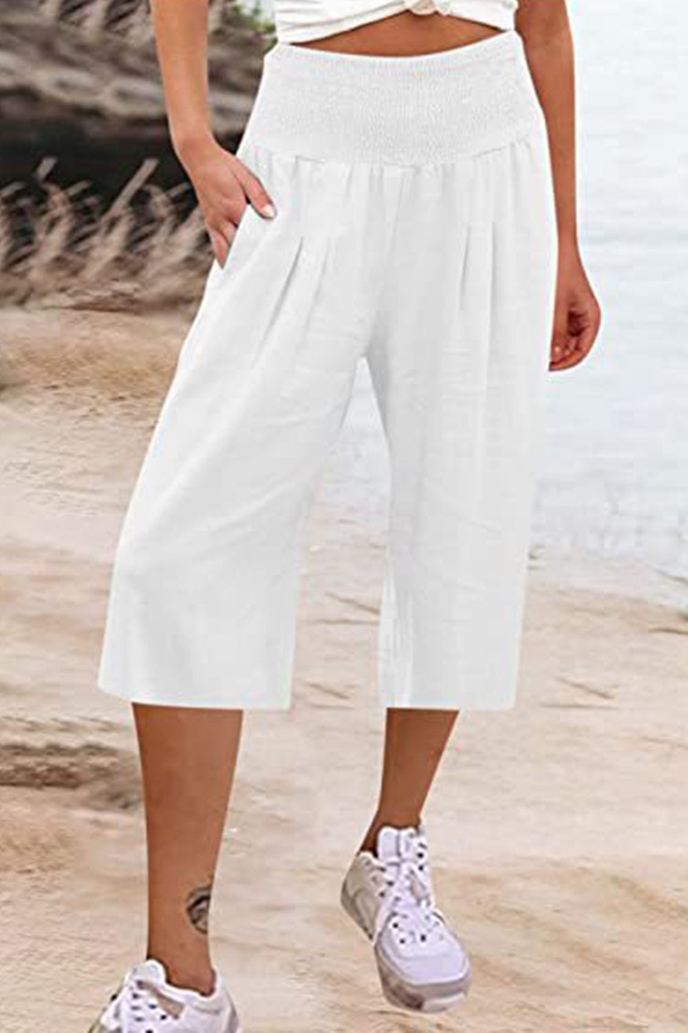 Pocketed High Waist Pants-BOTTOMS SIZES SMALL MEDIUM LARGE-[Adult]-[Female]-White-S-2022 Online Blue Zone Planet