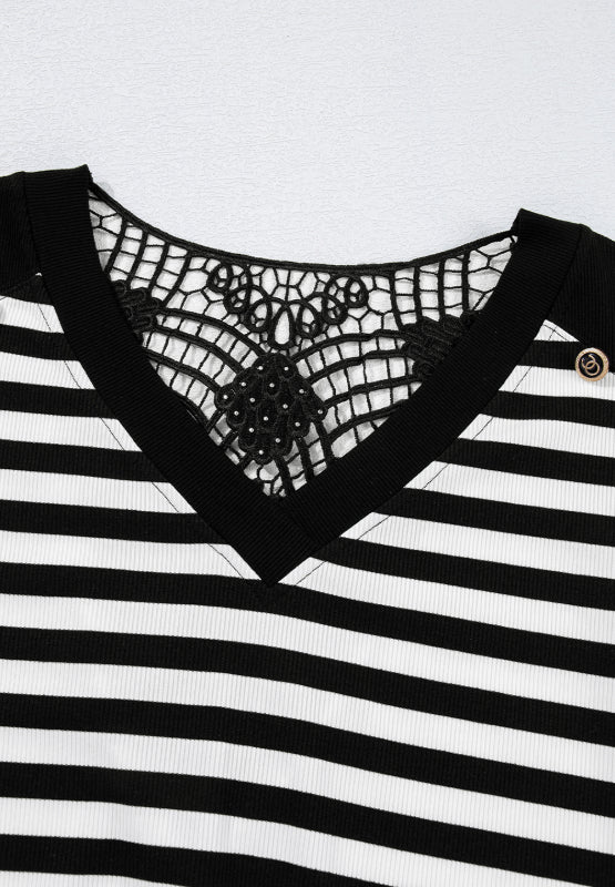 Striped Lace Detail V Neck Top-TOPS / DRESSES-[Adult]-[Female]-2022 Online Blue Zone Planet