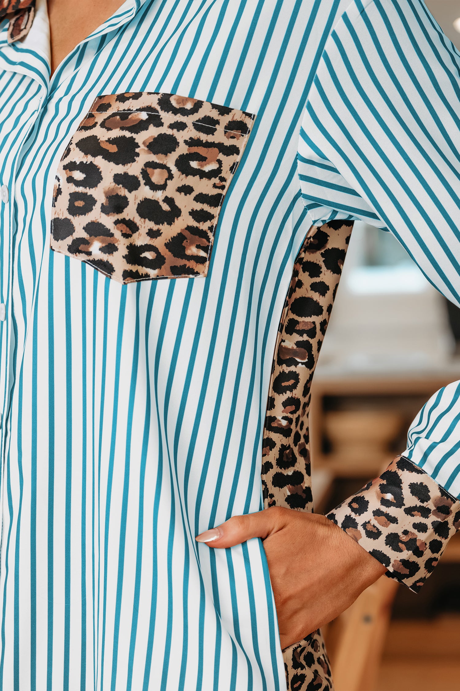 Sky Blue Stripe Contrast Leopard Patchwork Long Shirt Dress with Slits-TOPS / DRESSES-[Adult]-[Female]-2022 Online Blue Zone Planet