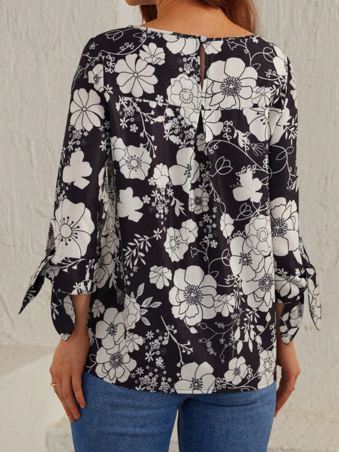 Printed Round Neck Three-Quarter Sleeve Blouse-TOPS / DRESSES-[Adult]-[Female]-2022 Online Blue Zone Planet