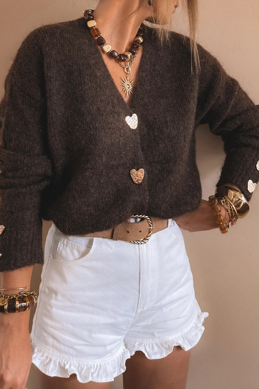 Fiery Red Heart Metal Button V Neck Cardigan Sweater-TOPS / DRESSES-[Adult]-[Female]-Chicory Coffee-L-2022 Online Blue Zone Planet