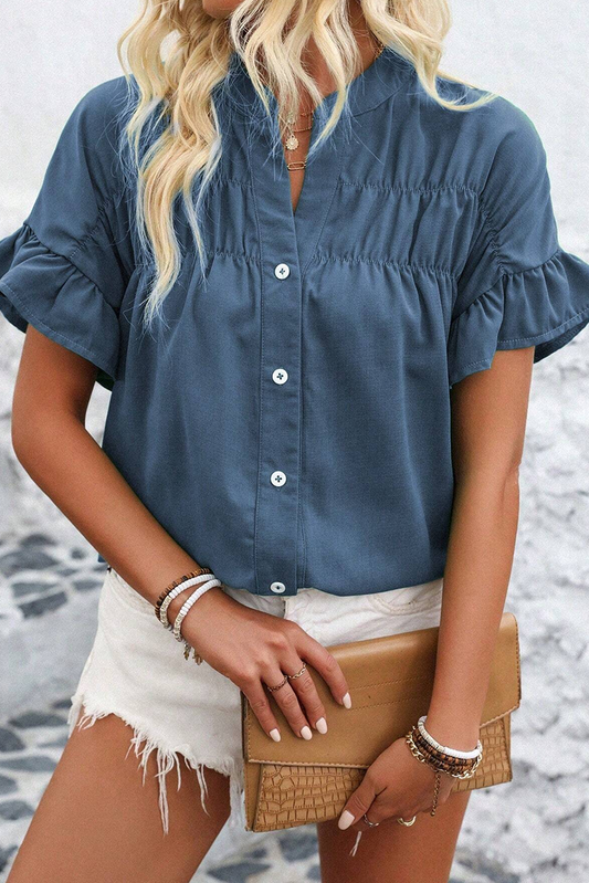 Real Teal Solid Color Ruffle Ruched Short Sleeve Buttoned Shirt-Tops/Blouses & Shirts-[Adult]-[Female]-Real Teal-S-2022 Online Blue Zone Planet