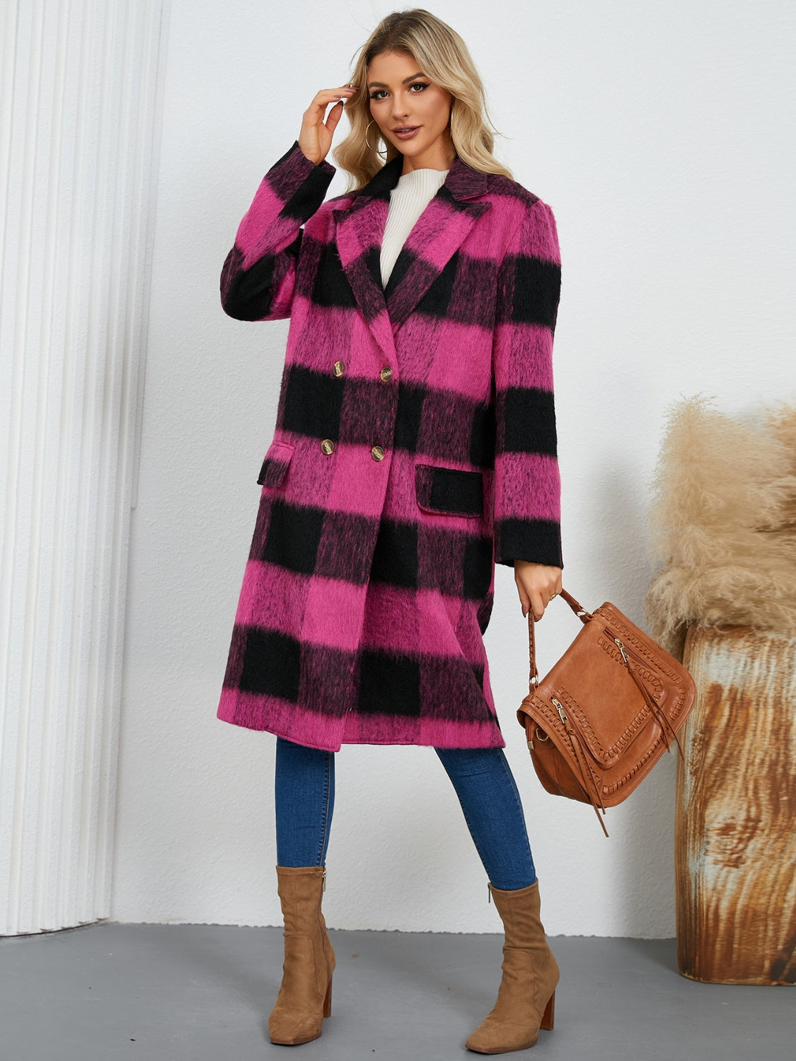 Blue Zone Planet | Plaid Double-Breasted Long Sleeve Coat-TOPS / DRESSES-[Adult]-[Female]-2022 Online Blue Zone Planet