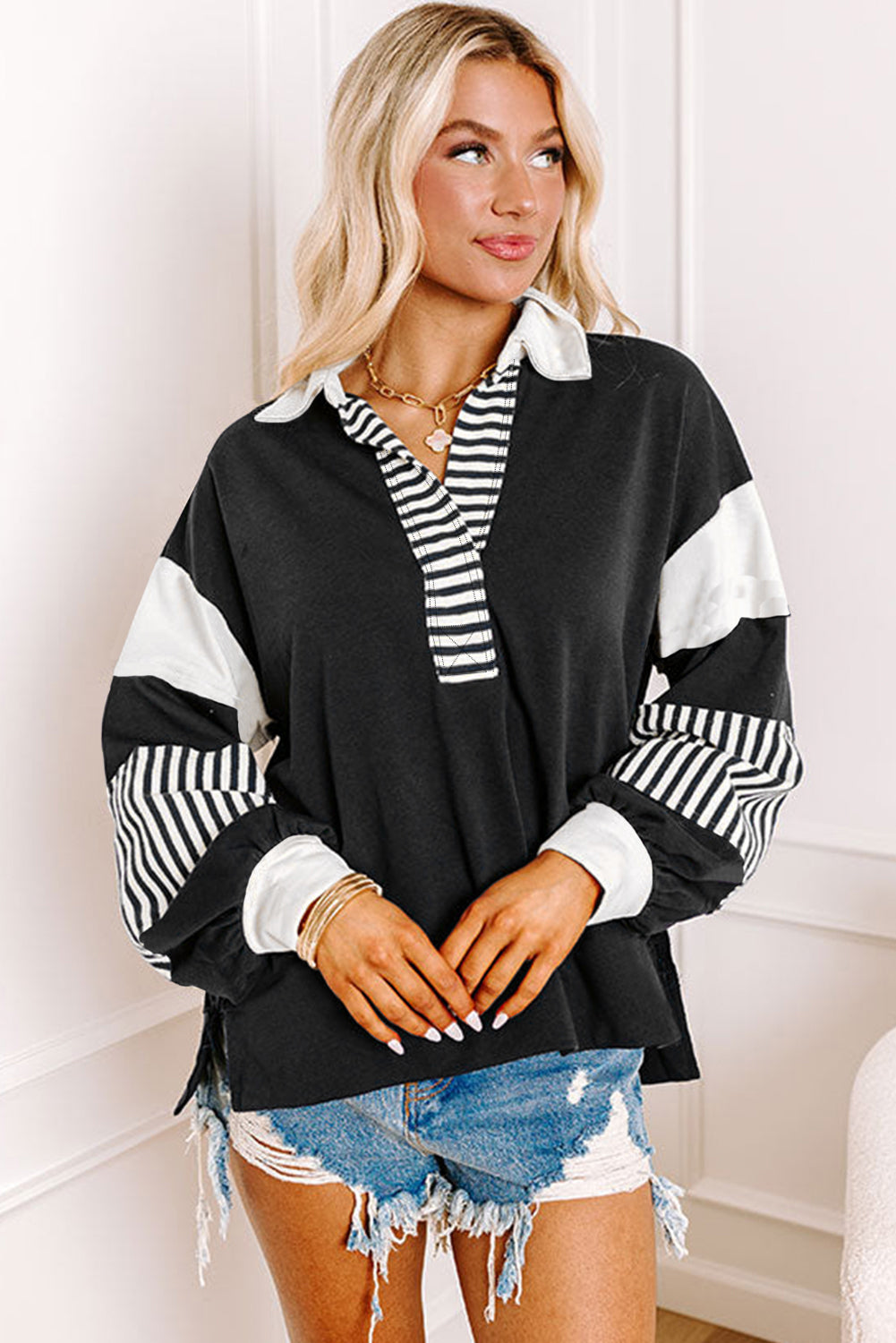 Dark Blue Striped Colorblock Patchwork Collar Sweatshirt-Tops/Sweatshirts & Hoodies-[Adult]-[Female]-2022 Online Blue Zone Planet