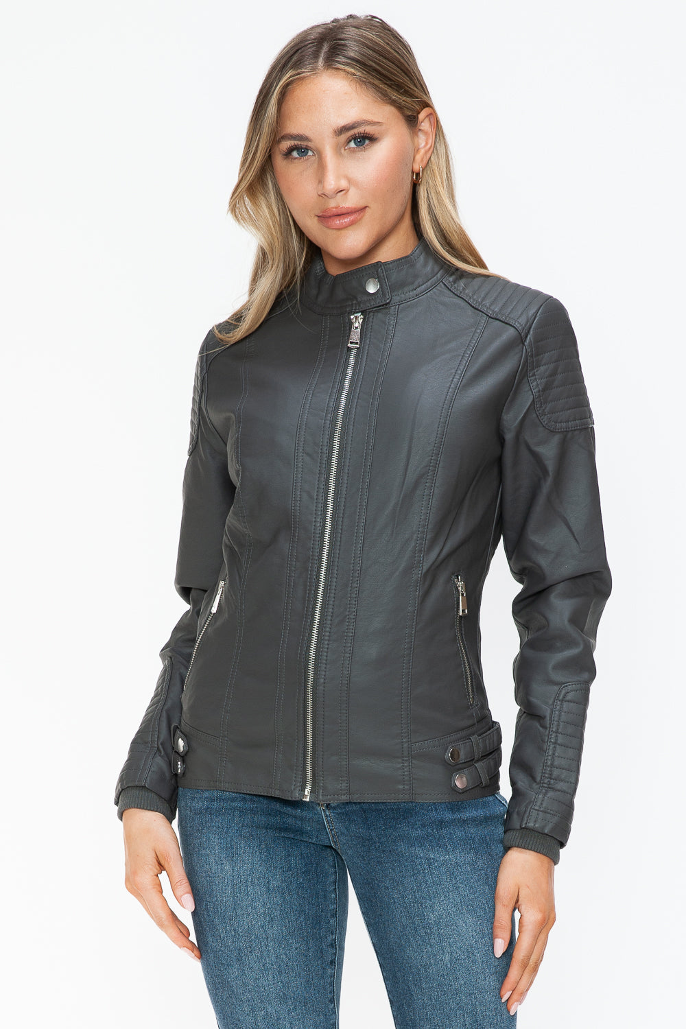 Blue Zone Planet | Snobbish Faux Leather Biker Jacket with Side Zip Pockets-TOPS / DRESSES-[Adult]-[Female]-2022 Online Blue Zone Planet