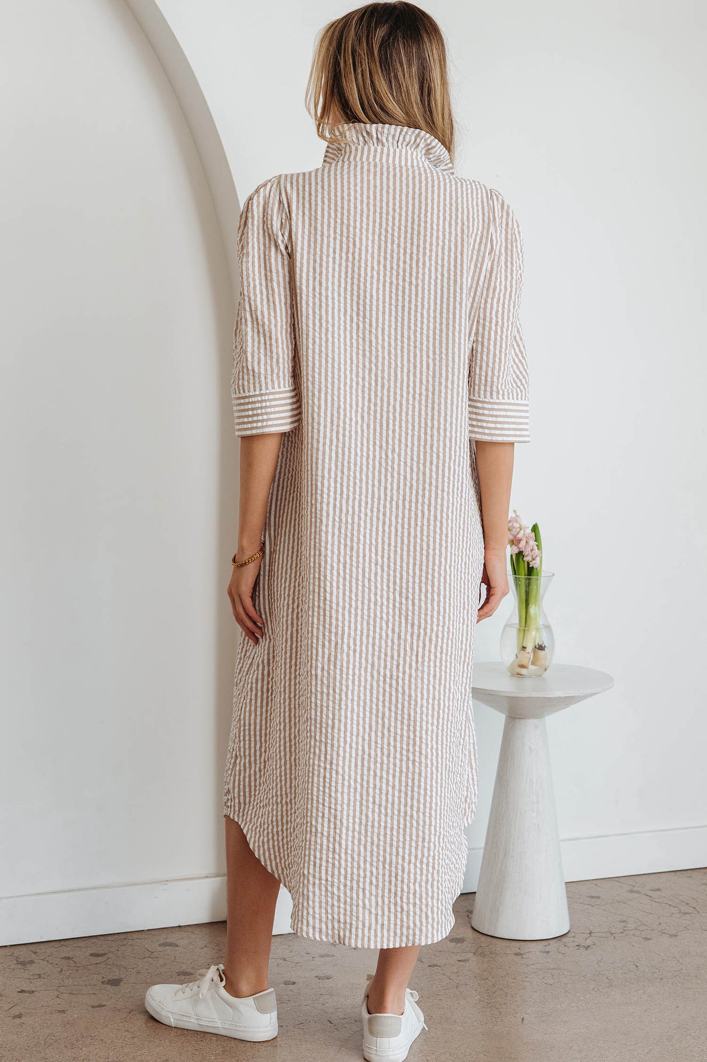 Khaki Stripe Frilled Collar Half Sleeve Shirt Maxi Dress-TOPS / DRESSES-[Adult]-[Female]-2022 Online Blue Zone Planet